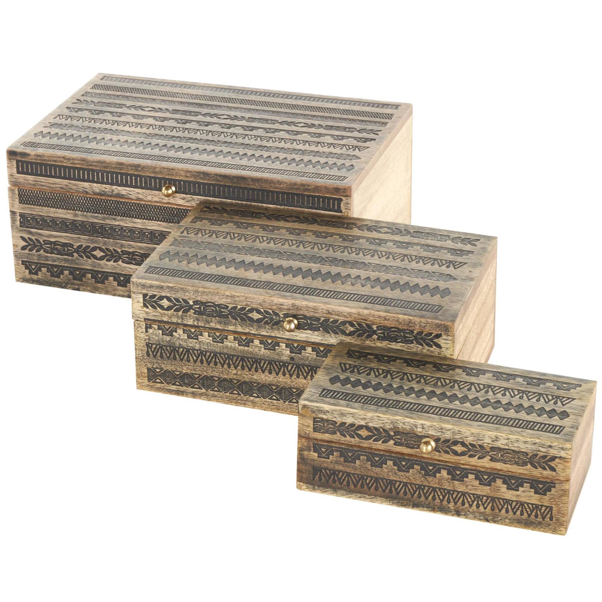 Brown Handmade Storage Box Set with Black Tribal Carvings & Gold Accents